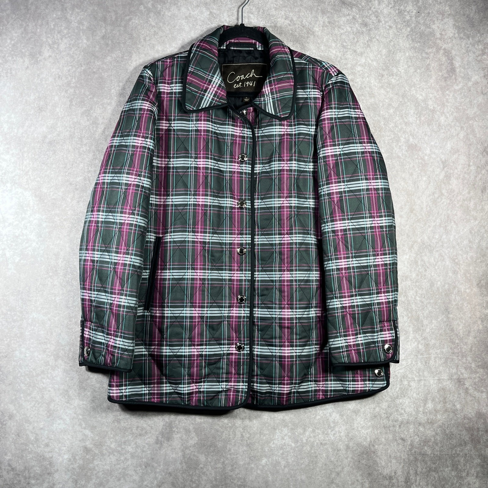 Coach Plaid Quilted Jacket Womens Medium Pink Button Front Barn Jacket Pockets